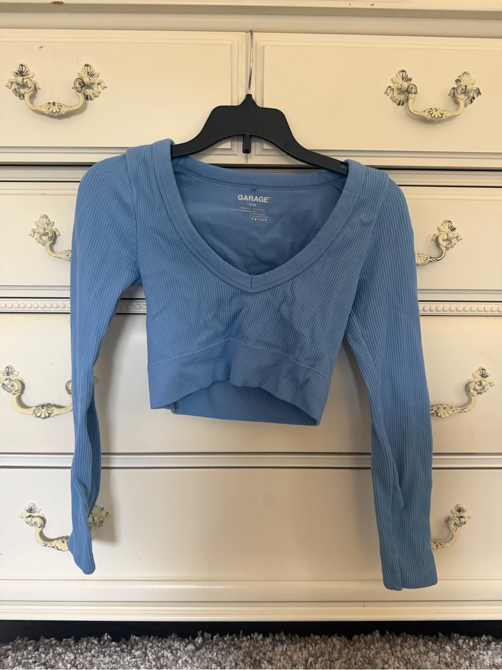 GARAGE Sky Blue Ribbed V-Neck Long Sleeve Crop Top